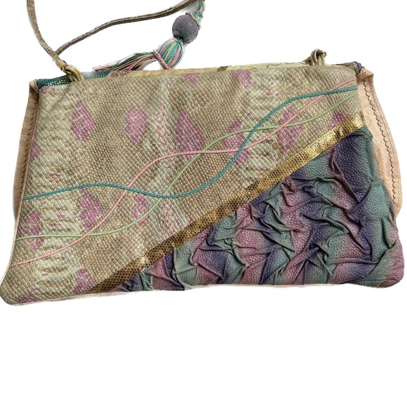 Vintage Carlo Fiori Italy Snakeskin Patchwork Leather Crossbody Bag Chunky Beads - Picture 5 of 10